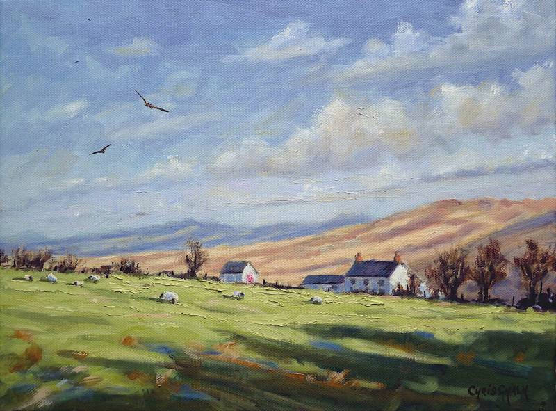 A Welsh landscape painting of the Preseli hills in Pembrokeshire with a white farmhouse in it