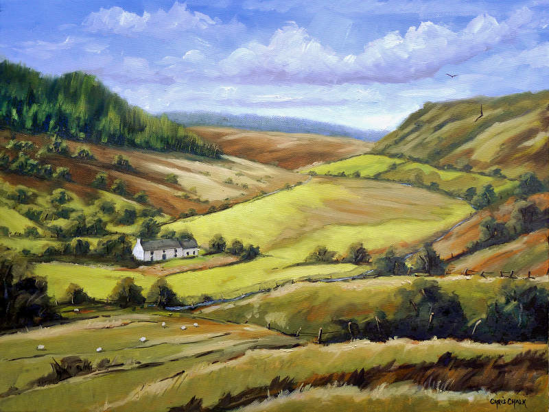 A painting of a old Welsh farmhouse in the Cambrian mountains in mid wales