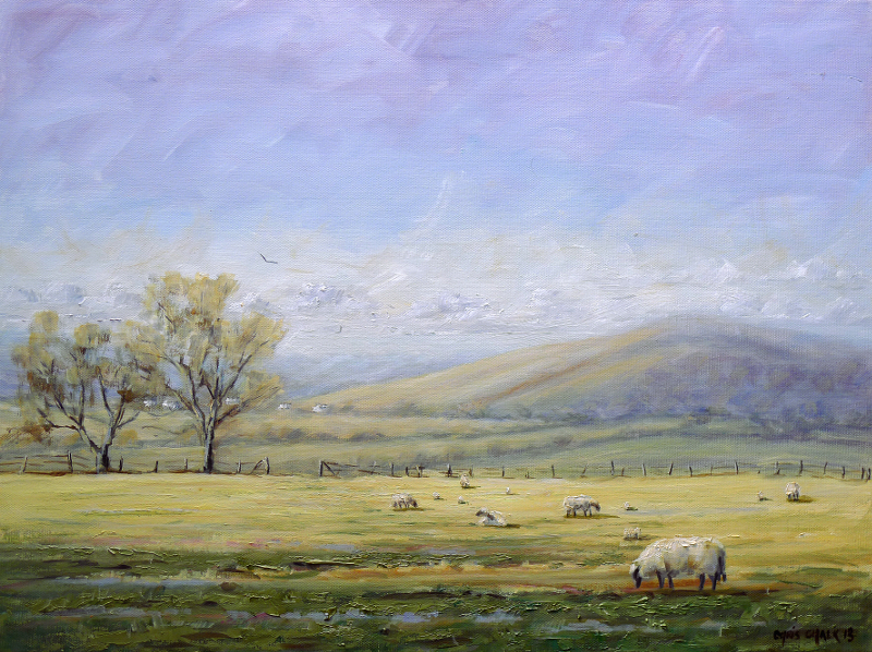 A welsh art print of First Lambs painting looking across farmland in west Wales.