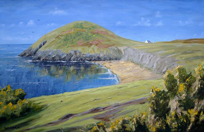 A Mwnt beach art print featuring the beach and Cardigan bay aswell as the tiny white church