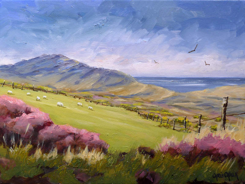 A Welsh landscape art print of Carningli and Newport beach seen from the Preseli hills in Pembrokeshire