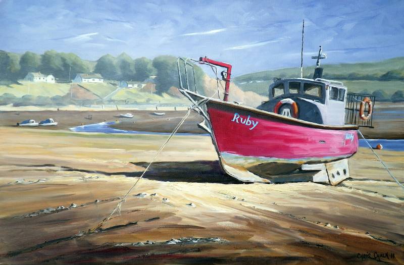 A fishing boat art print of a red boat called Ruby pulled up on the sand at low tide