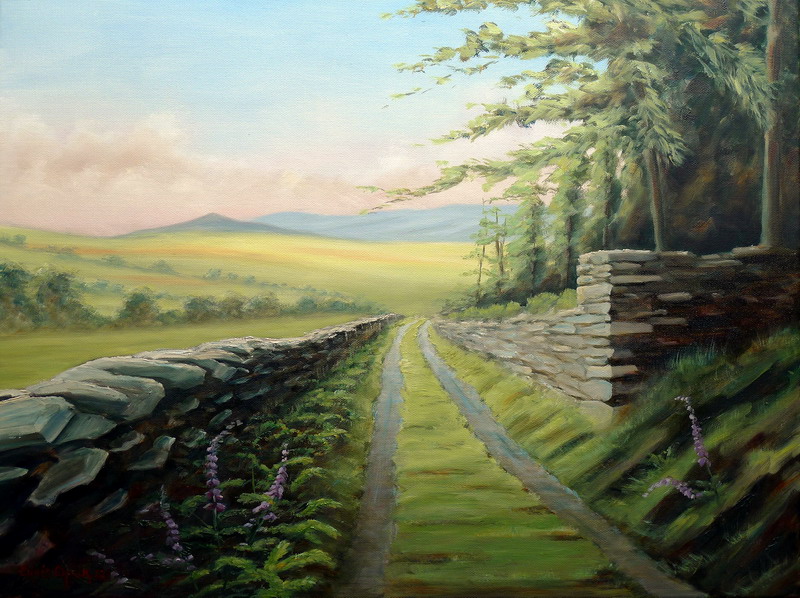 A art print of Snowdonia National Park near Porthmadog looking down a farm track with woodland on the right and fields on the left
