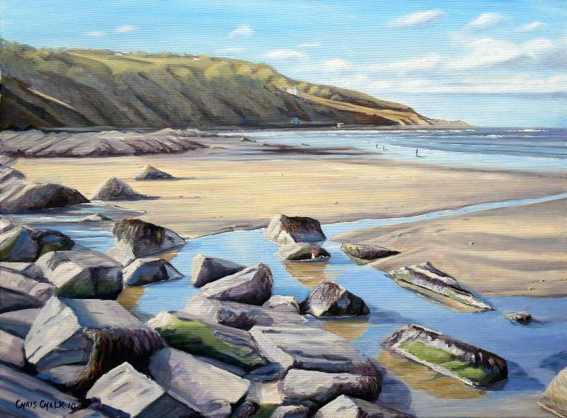 A Poppit beach art print looking south across the beach towards the old lifeboad station and Cemaes head