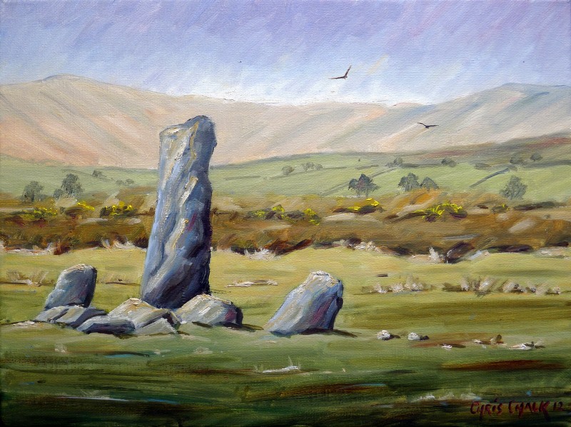 A oil painting of Welsh standing stones situated in the preseli hills in west Wales