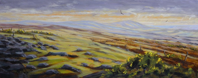 Artists print of Foel Drygarn looking toward Foel Cwmcerwyn in the Preseli Mountains