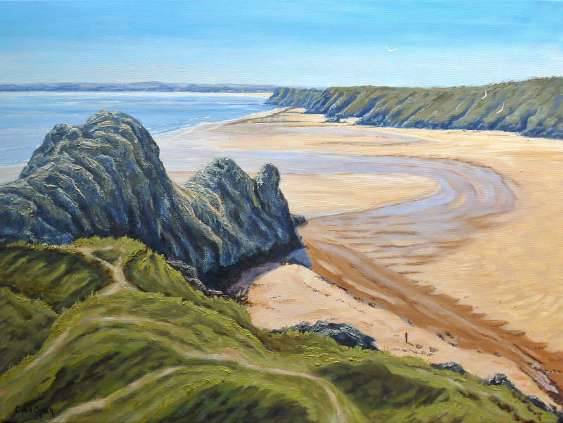 A landscape art print of Three Cliffs Bay on the Gower peninsular in south Wales