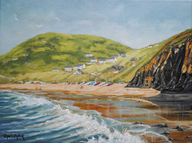 Art print of Tresaith beach in Ceredigion in west Wales looking across the beach toward the houses and the pub