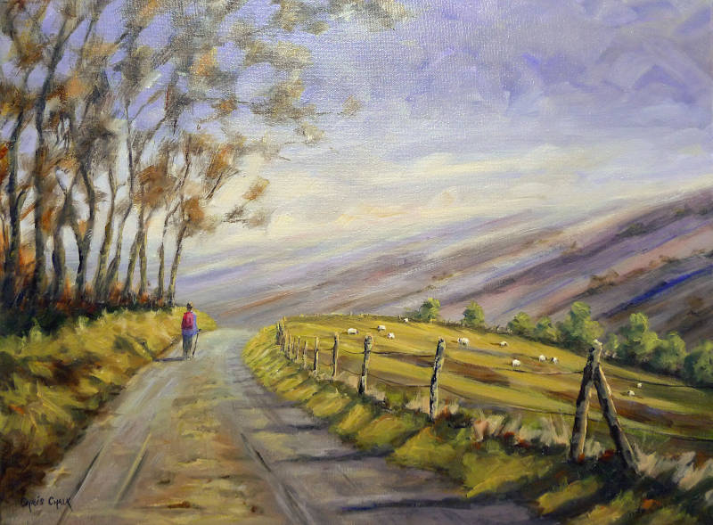 Cambrian mountains art print with a old farm track and a person walking along it